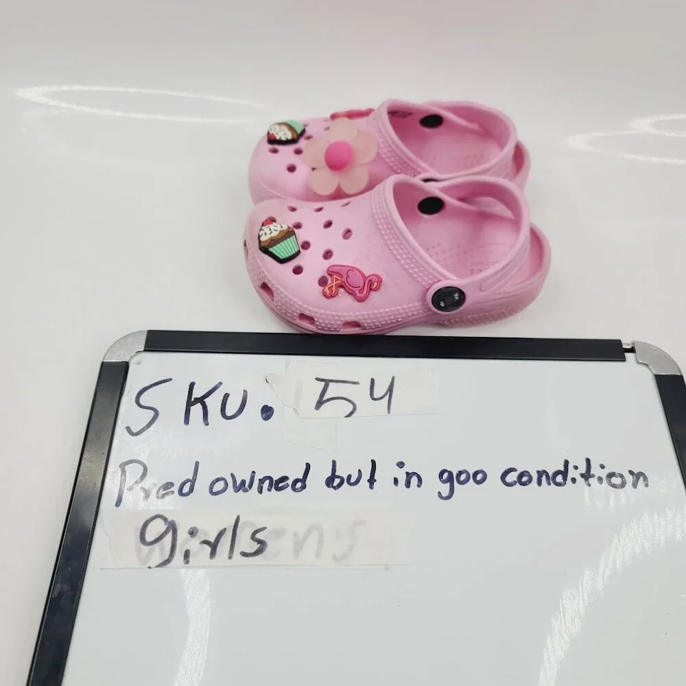 Crocs Girls' Candy Pink Classic Slip-On Clogs w/ Ice-cream Flamingo Charm Size 7